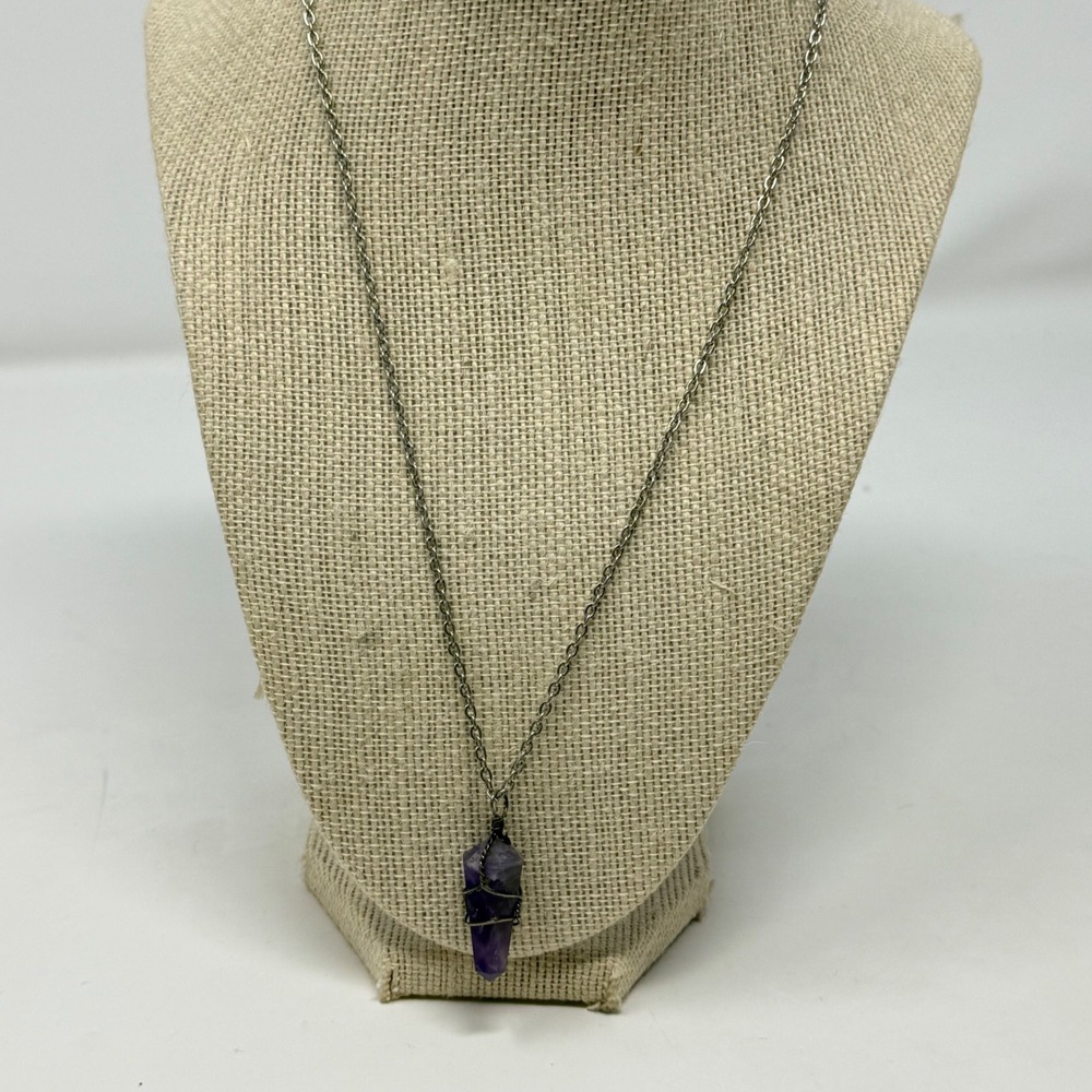Amethyst Crystal Point‎ Wire Wrapped Pendant Necklace Silver Tone Chain